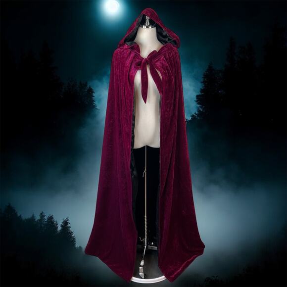 Vampire Halloween Costume Velvet Cloak Cape Hood Burgundy Red One Size Gothic - Picture 2 of 12